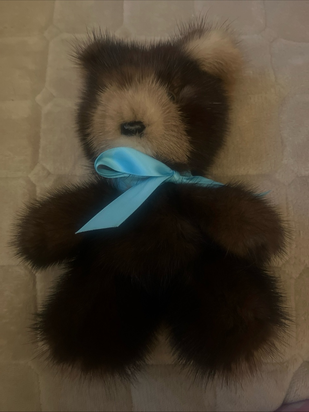 Plush Brown real Fur Teddy Bear with Blue Ribbon sue ullmer